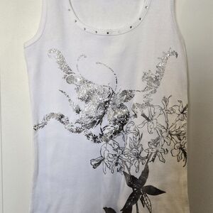 Bisou Bisou White Tank with Silver Floral Foil and Stud Accents
